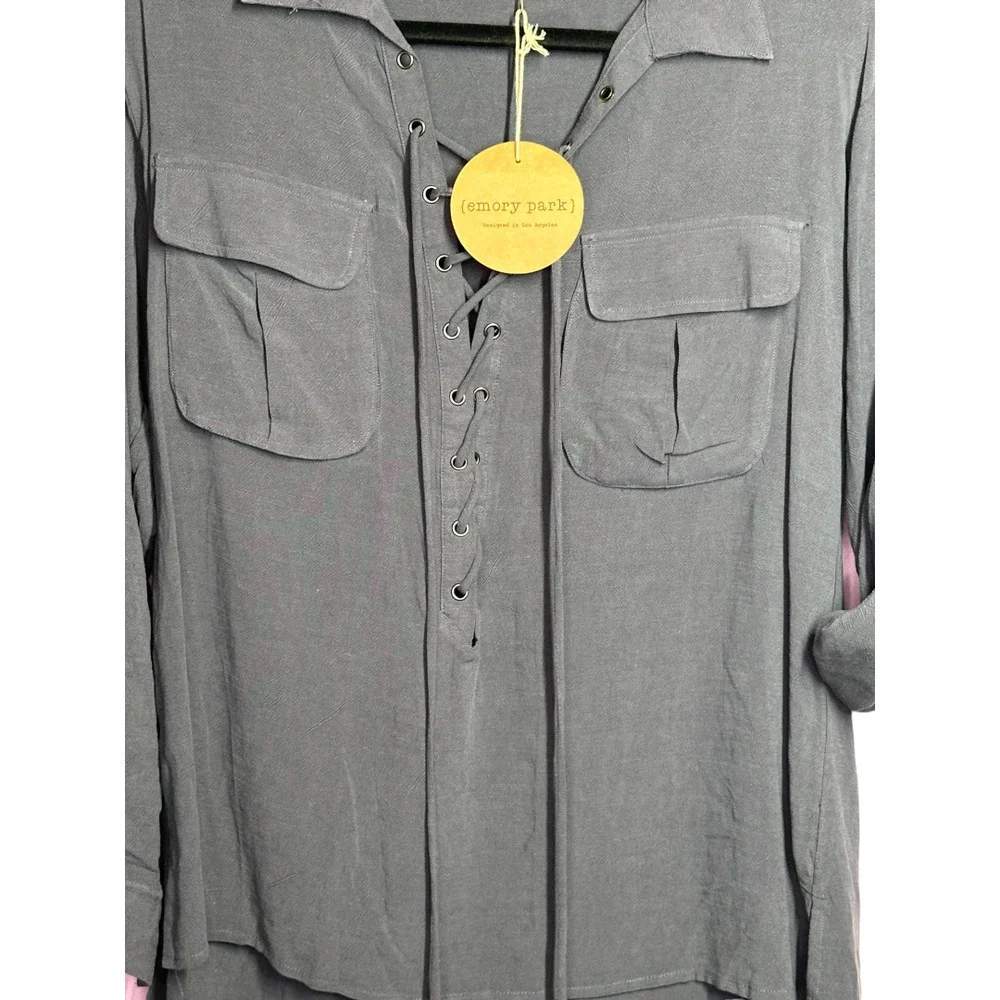 Emory Park New With Tags Roll Tab Sleeve Lace Up Blouse Linen Tunic Gray Size S